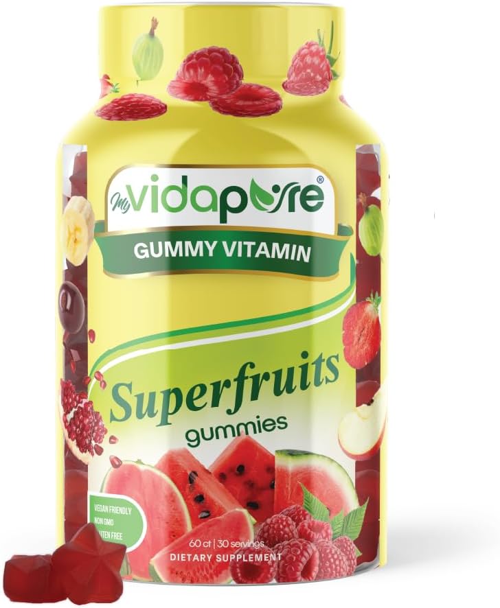 MYVIDAPURE Amazing Superfrugt Star Gummies Vitamin A, C, E, Zink, Acai Berry, Acerola, Goji, Beet Root, Strawberry, Gooseberry. Raspberry Watermelon Flavor. Ikke-GMO, Gluten Free, Vegansk 60 Gummies