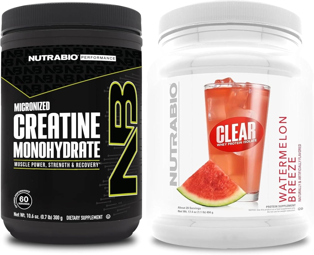NutraBio Creatin monohydrat, Unflavored, (300 g) og Clear Whey Protein Isolate, (Watermelon Breeze) Supplement Bundle - Muskelenergi, maksimal vækst, inddrivelse, og styrke