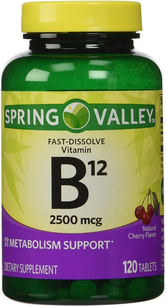 KUN 1 I PACK Spring Valley Fast- Opløs vitamin B12 2500 Mcg, Metabolisme Support, 120 tabletter kirsebær smag