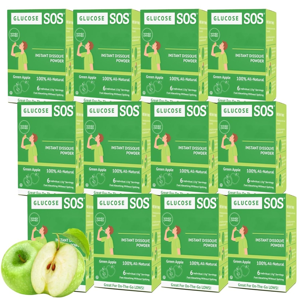 Glucose SOS Glucose Powder Pakninger med naturlige Dextrose, Fast- Absorption At Straks opløses i din mund med ingen vand påkrævet, Green Apple 72 Serveringer