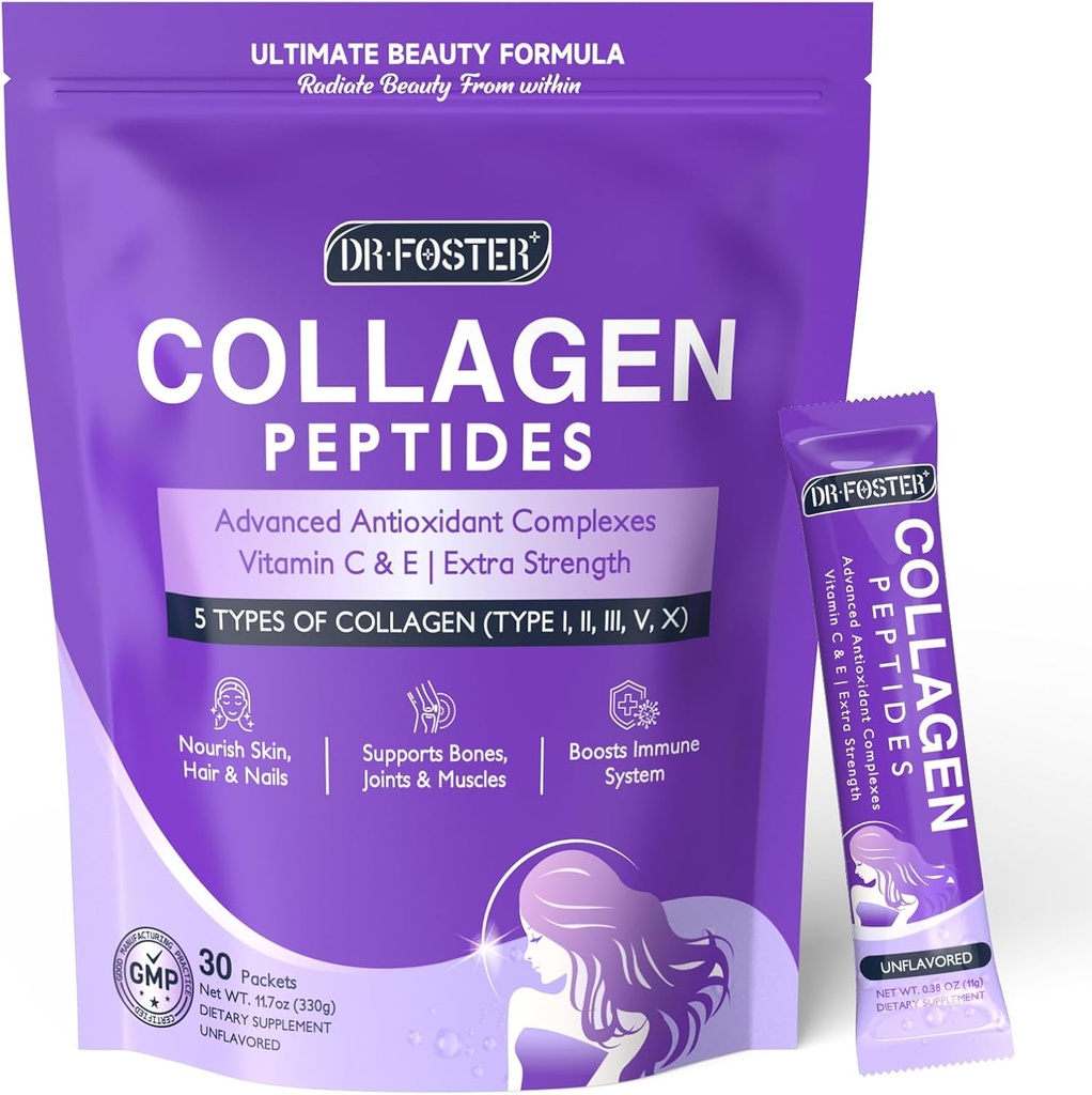 DRFOSTER Collagen- Peptides- Powder- Packets - Multi type I II III V X Collagen til kvinder med antioxidant blend + C-vitamin & E til hud, hår, negle & fælles, non-GMO, 30 Stick Packs
