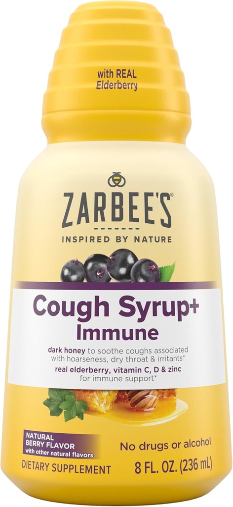 Zarbee 's Naturals Complete Daytime Hoste Syrup + Immunation med mørk honning, Real Elderberry, C-vitamin, D & Zink, 8 oz flaske