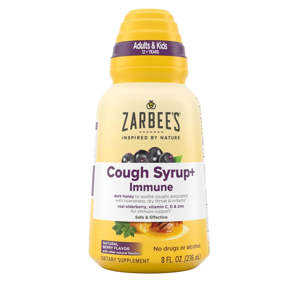 Zarbee 's Naturals Complete Daytime Hoste Syrup + Immunation med mørk honning, Real Elderberry, C-vitamin, D & Zink, 8 oz flaske