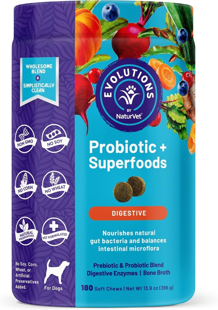NaturVet Evolutions Probiotiske & Superfoods 90ct bløde tygge til hunde - Prebiotic & Probiotic Blend, fordøjelsesenzymer, bone Broth, Omega - Nærmer naturlige Gut Bacteria og intestinal mikroflora