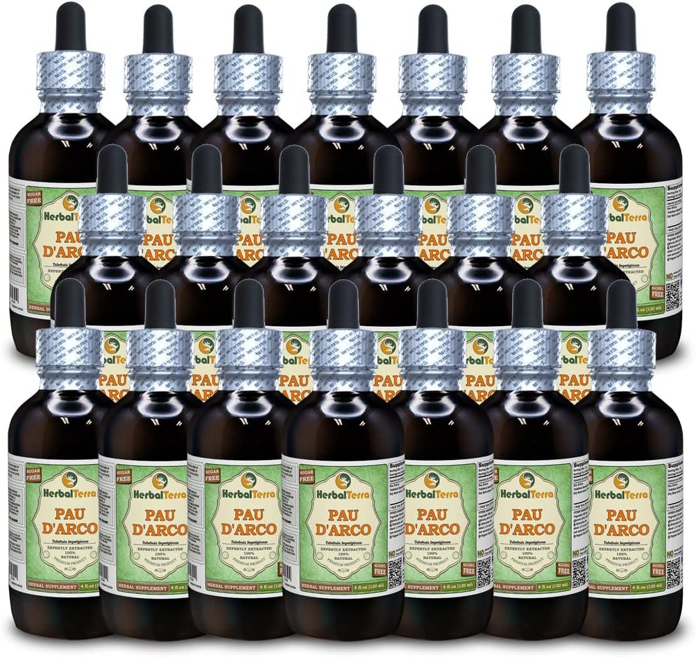 PAU d 'arco (Tabebuia Impetiginosa) Glycerit, Tørret Bark Alkohol- Free Liquid Extract (Brand Name: HerbalTerra, Stolt Made in USA) 20x4 fl.oz (20x120 ml)