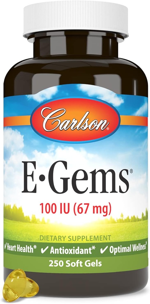 Carlson - E- Gems, 100 IE, Heart Health & Optimal Wellness, Antioxidant, 250 bløde geler