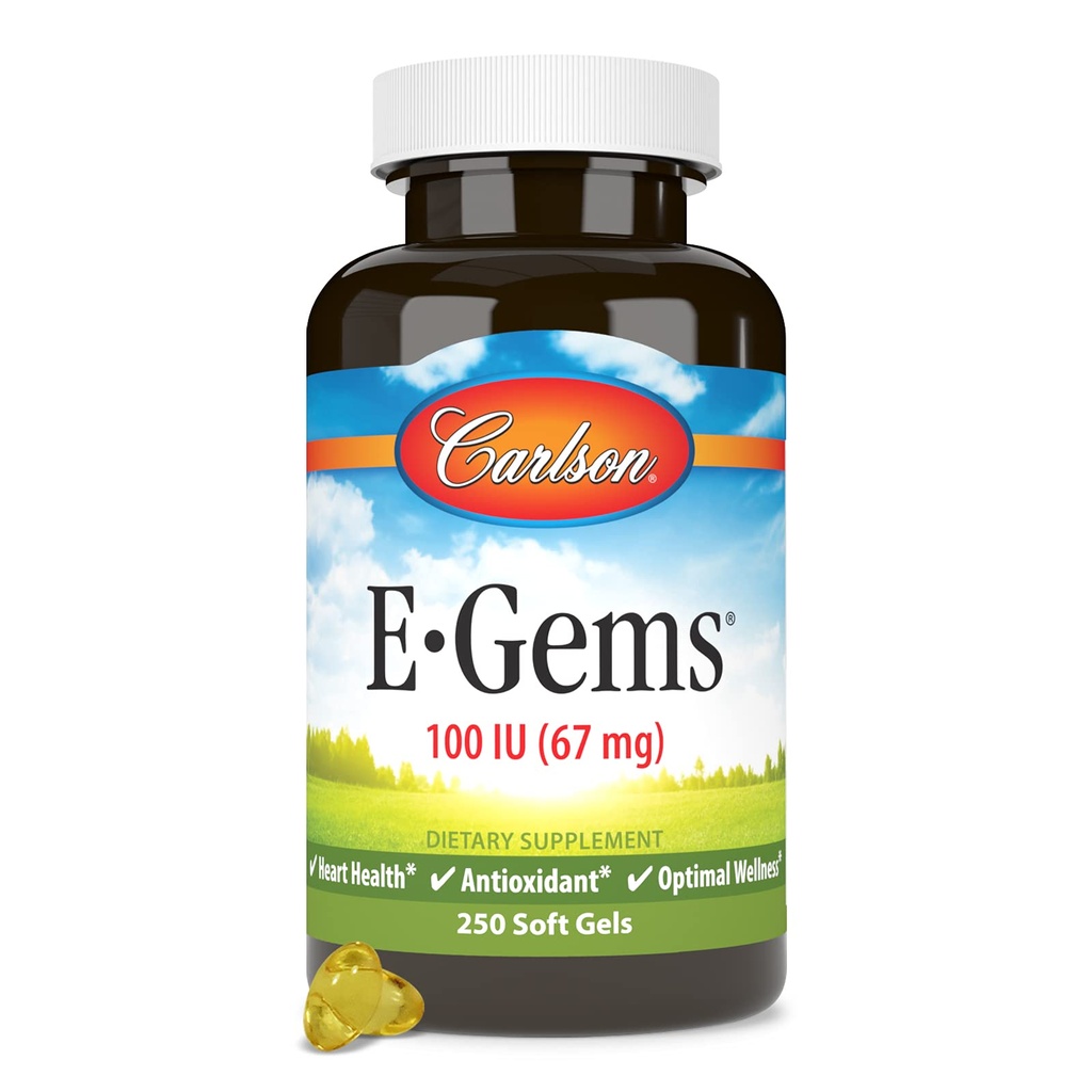 Carlson - E- Gems, 100 IE, Heart Health & Optimal Wellness, Antioxidant, 250 bløde geler