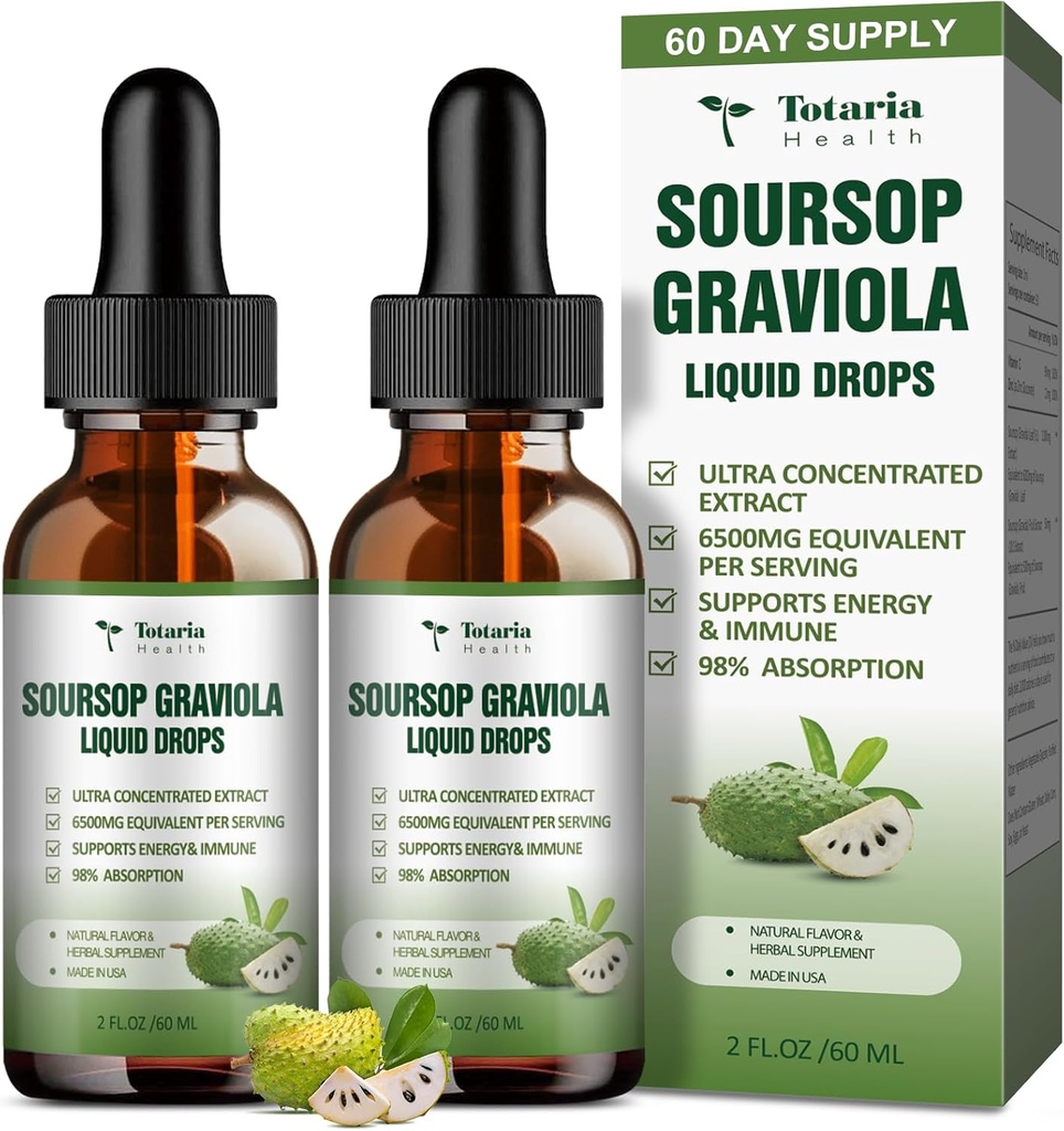 (2 Pakker) Pure Soursop Graviola Liquid Drop Support fordøjelig hud sundhed, søvn & antioxidant - Guanabana Oil Organic Leaf Exact Soursop Bitters Liquid Drops, Natural Flavor, Non- GMO, Vegan, 4 Fl Oz