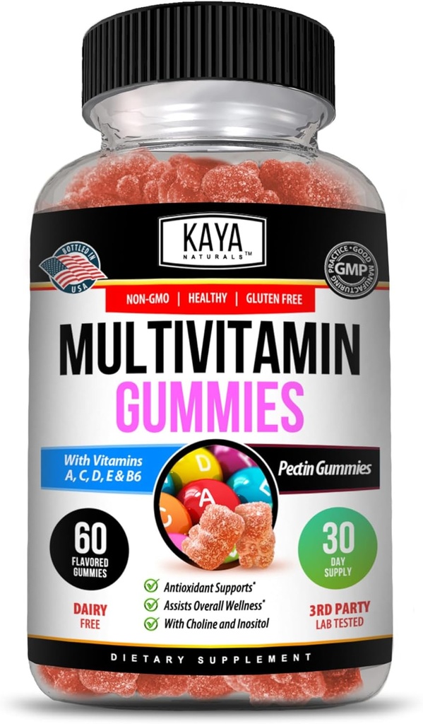 Kaya Naturals Voksen Multi Vitamin Gummy, Biotin, Vitamin A, C & E, herunder Zink & Vitamin B-12, Folinsyre, Jordbær Flavor 124; Gluten- Gratis multivitaminer Søde Voksen Gummies - 60 Gummies