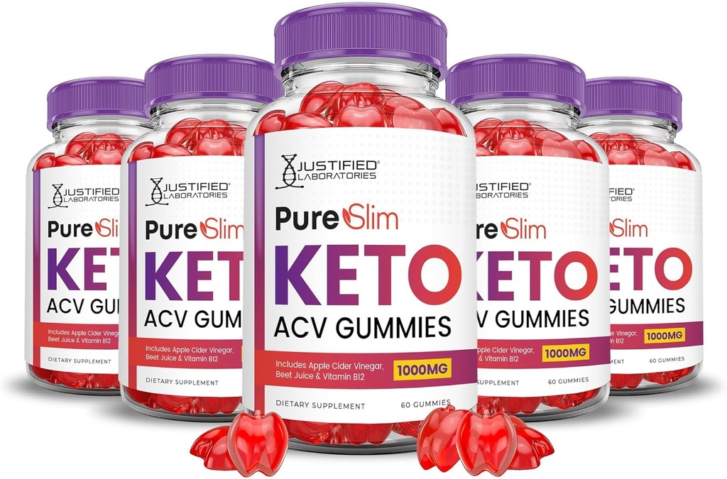 Justified Laboratories (5 Pack Pure Slim Keto ACV Gummies Advanced Formel 1000MG PureSlim Keto Gummies Apple Cider Vinagar Formuleret med Pomegranat Beet Juice Powder B12 Vegan Non GMO 300 Gummys