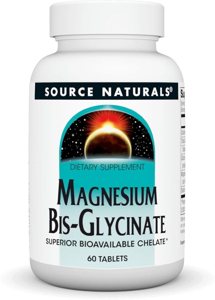 Source Naturals Magnesium Bis- Glycinate, Superior Bioavailable Chelate *, Chelated for increated Absorption, 200 mg per servering - 60 tabletter
