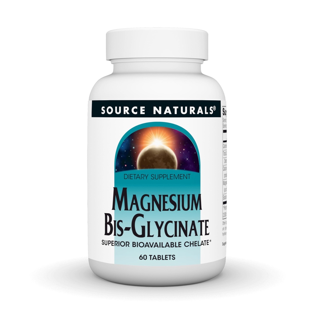 Source Naturals Magnesium Bis- Glycinate, Superior Bioavailable Chelate *, Chelated for increated Absorption, 200 mg per servering - 60 tabletter
