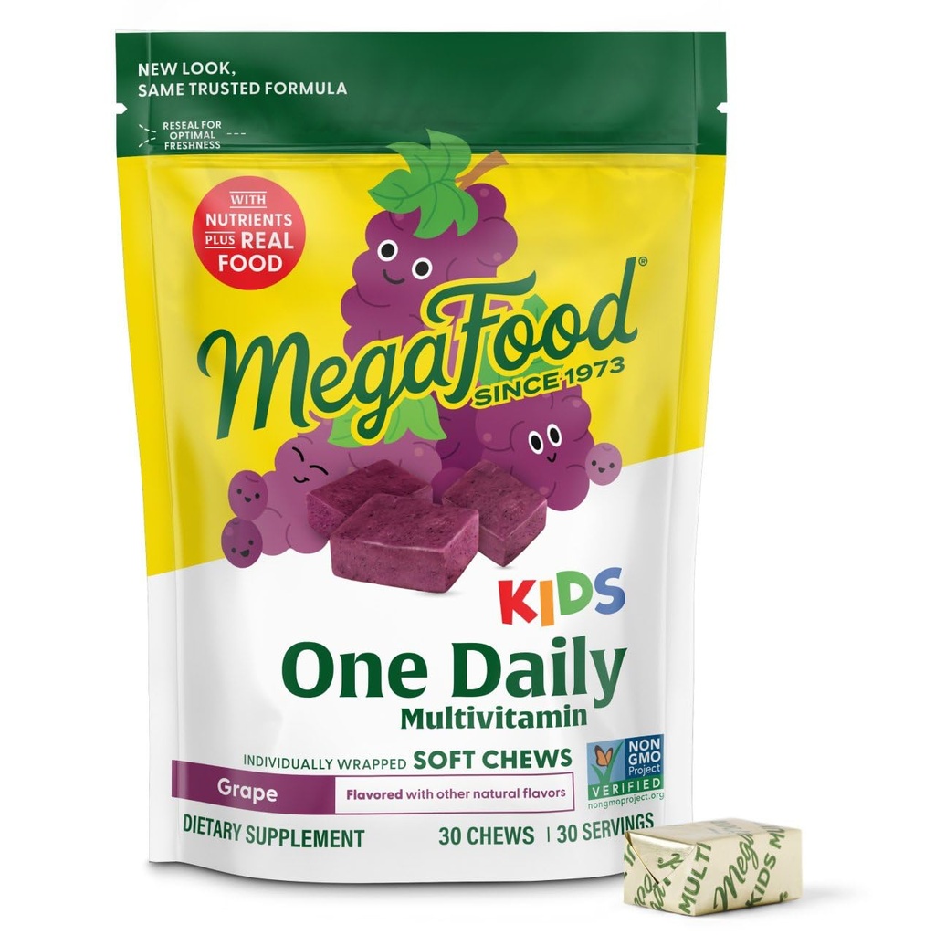 MegaFood Kids One Daily Multivitamin Soft Chews - Kids Vitamin med B-vitamin, C-vitamin, D-vitamin & E-vitamin - Alder 4 +, Vegetar, Made without 9 Food Allergens - Grape Flavor - 30 Chews