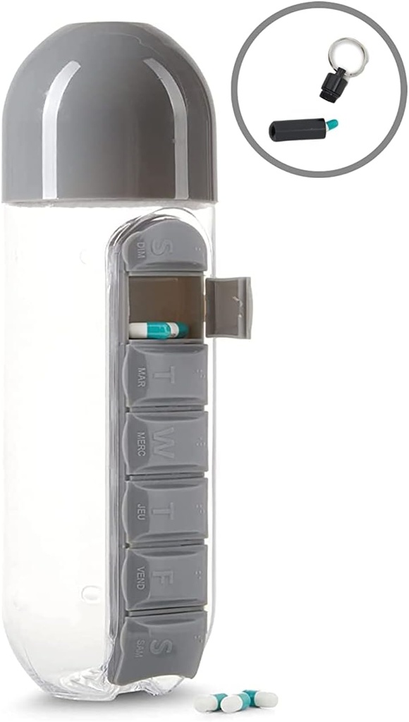 Urban Essentials Water Bottle Portable Pill Insertion Organizer Water Bottle with Built-in Daily Vitamin Holder Supplement Organizer Case - with Free Pill Keychain BPA Free Plastic Bottle