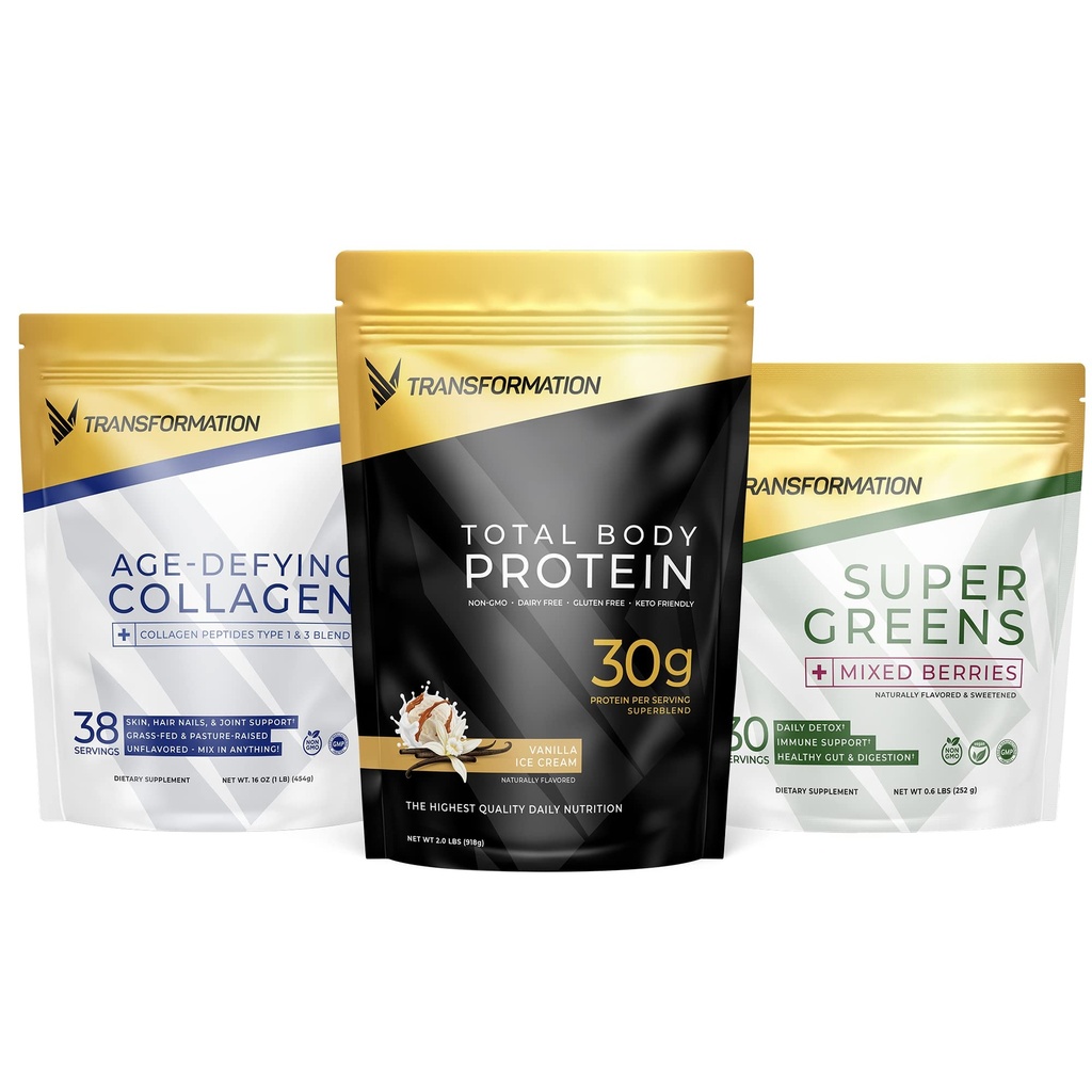 Transformation Vanilla Protein Powder • 124; 30G Multi- Protein Supermix + Grass- Fed Hydrolyzed Collagen Peptider Powder- Hår, Hud, Negle + Organic Super Green Superfood Powder- Immun & Energy Support