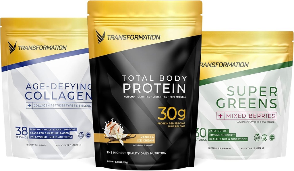 Transformation Vanilla Protein Powder • 124; 30G Multi- Protein Supermix + Grass- Fed Hydrolyzed Collagen Peptider Powder- Hår, Hud, Negle + Organic Super Green Superfood Powder- Immun & Energy Support