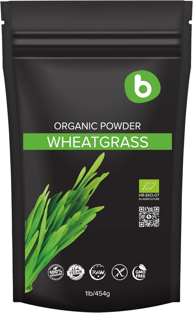 b Organic Wheatgrass Powder, for Detox & Immunity Support, Superfood, Vegan, Rich in Fibers, Chlorophyll, Minerals, Gluten- Free, Raw, 1lb