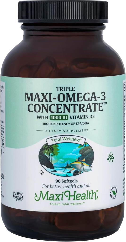 Maxi Health Triple Omega-3 Koncentrat - Fiskeolie - "1000 IE" D3- 90 kapsler - Kosher