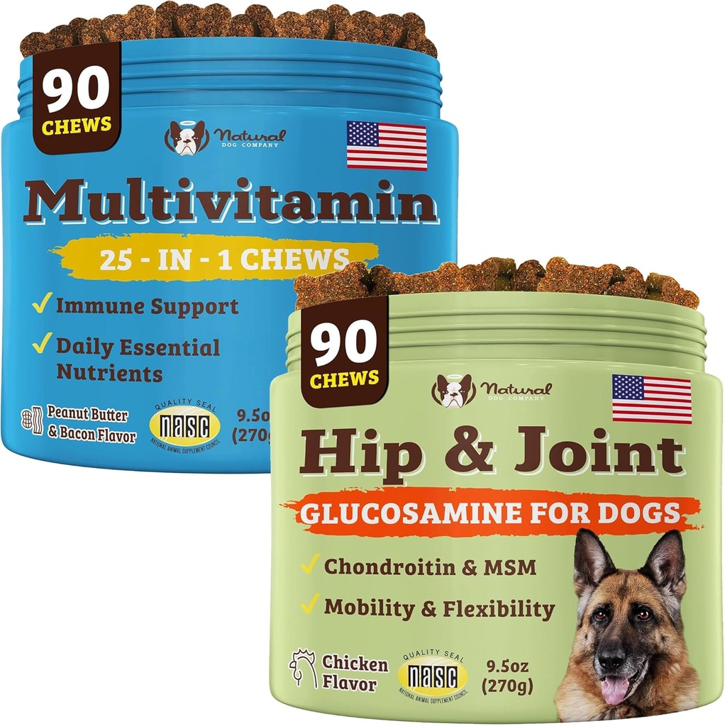 Natural Dog Company Hundetillæg til seniorer & aktive hunde - Multivitamin Chews & Hip & fælles Relief - Komplet ernæringsmæssig støtte til fælles sundhed, vitaminer til hunde, energi, & Vitality