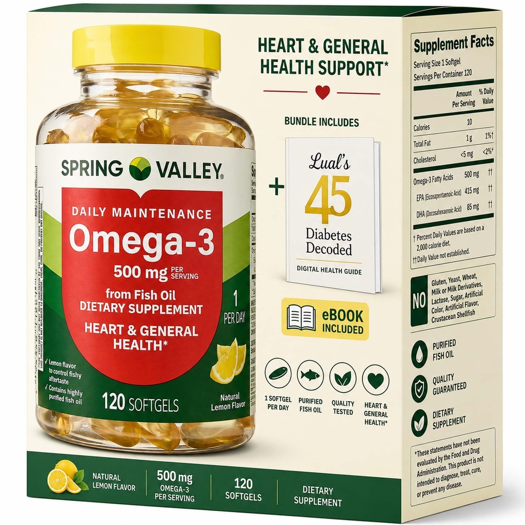 Spring Valley Omega-3 fra Fish Oil 500 mg 120 Greve, SoftGels, General & Heart Health Kosttilskud Bundle med Lualls 45 Diabetes Decoded