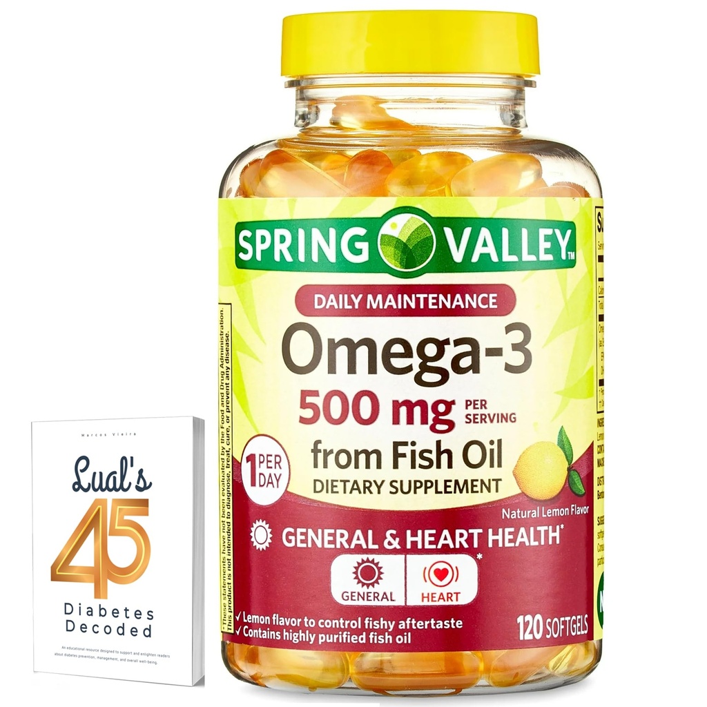 Spring Valley Omega-3 fra Fish Oil 500 mg 120 Greve, SoftGels, General & Heart Health Kosttilskud Bundle med Lualls 45 Diabetes Decoded