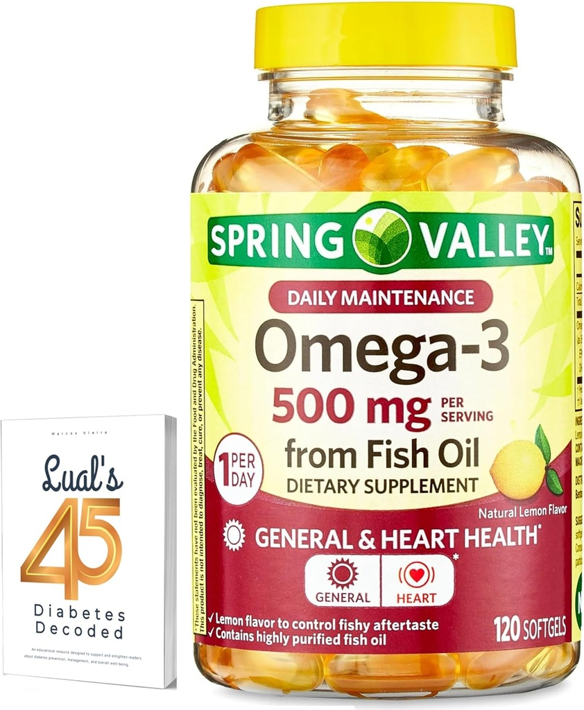 Spring Valley Omega-3 fra Fish Oil 500 mg 120 Greve, SoftGels, General & Heart Health Kosttilskud Bundle med Lualls 45 Diabetes Decoded