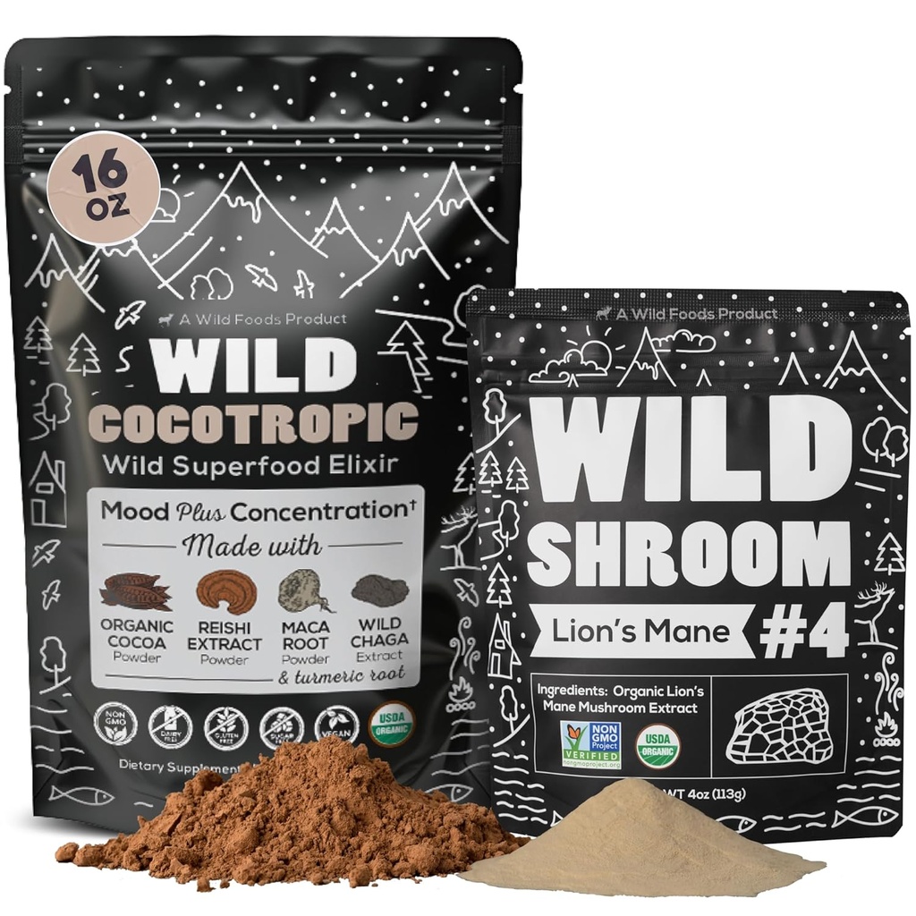 Cocotrop Organic Mushroom Cacao Mix (16oz) & Lions Mane Powder (4oz) Bundle for fokus og hjerne sundhed