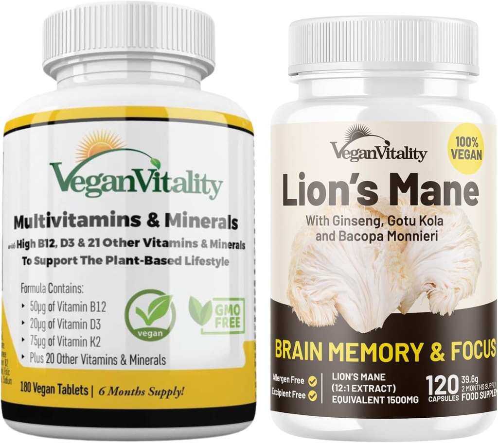 Vegansk Vitality Lions Mane x General Health Combo Bundle - 6 Months Lions Mane og Multivitaminer