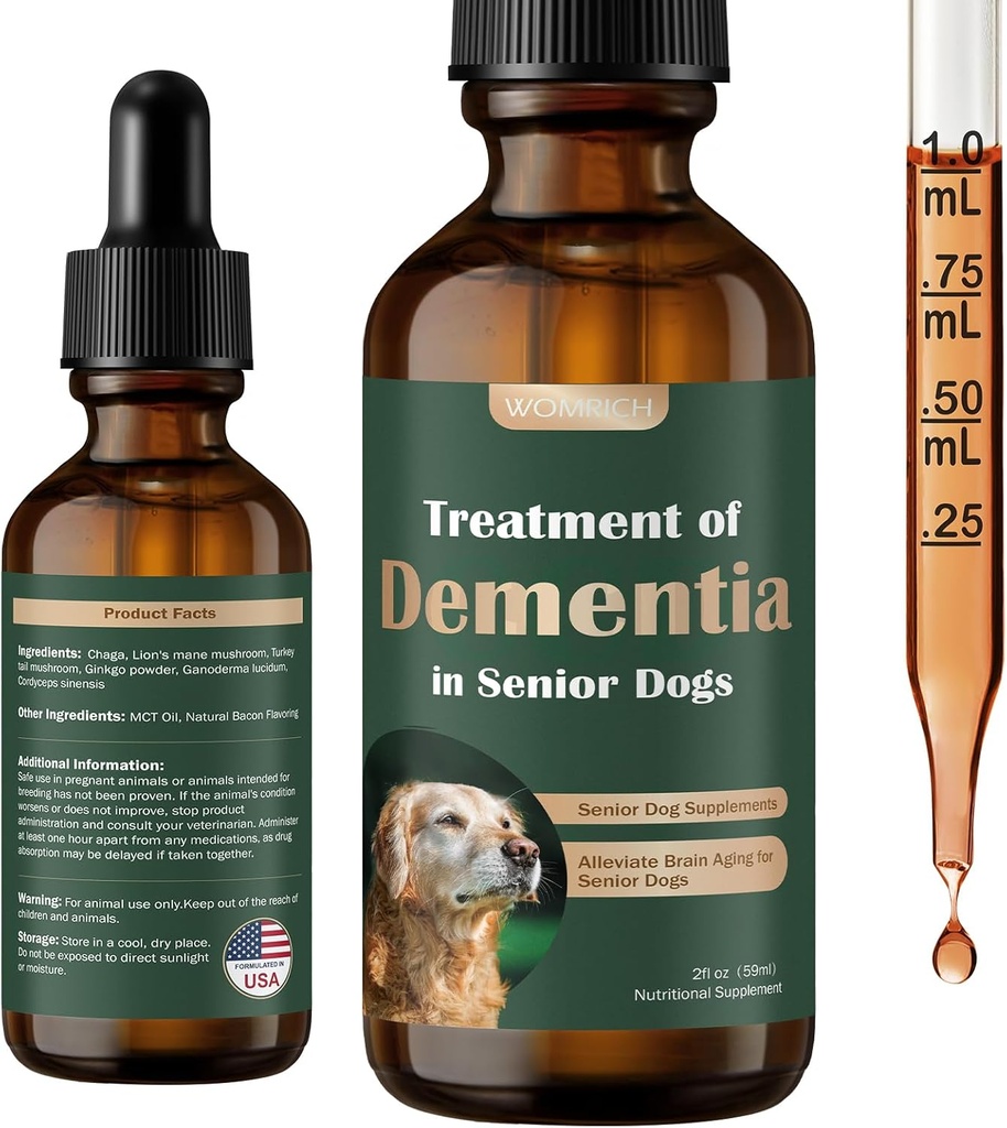 Senior Dog Kosttilskud til Hjerne Sundhed & Nervesystemet Støtte, Mushroom supplement til Hunde, Demens Supplement til Opkaldelse & Afslapning, Adresser At miste, Social Tilbagetrækning - 59 ML