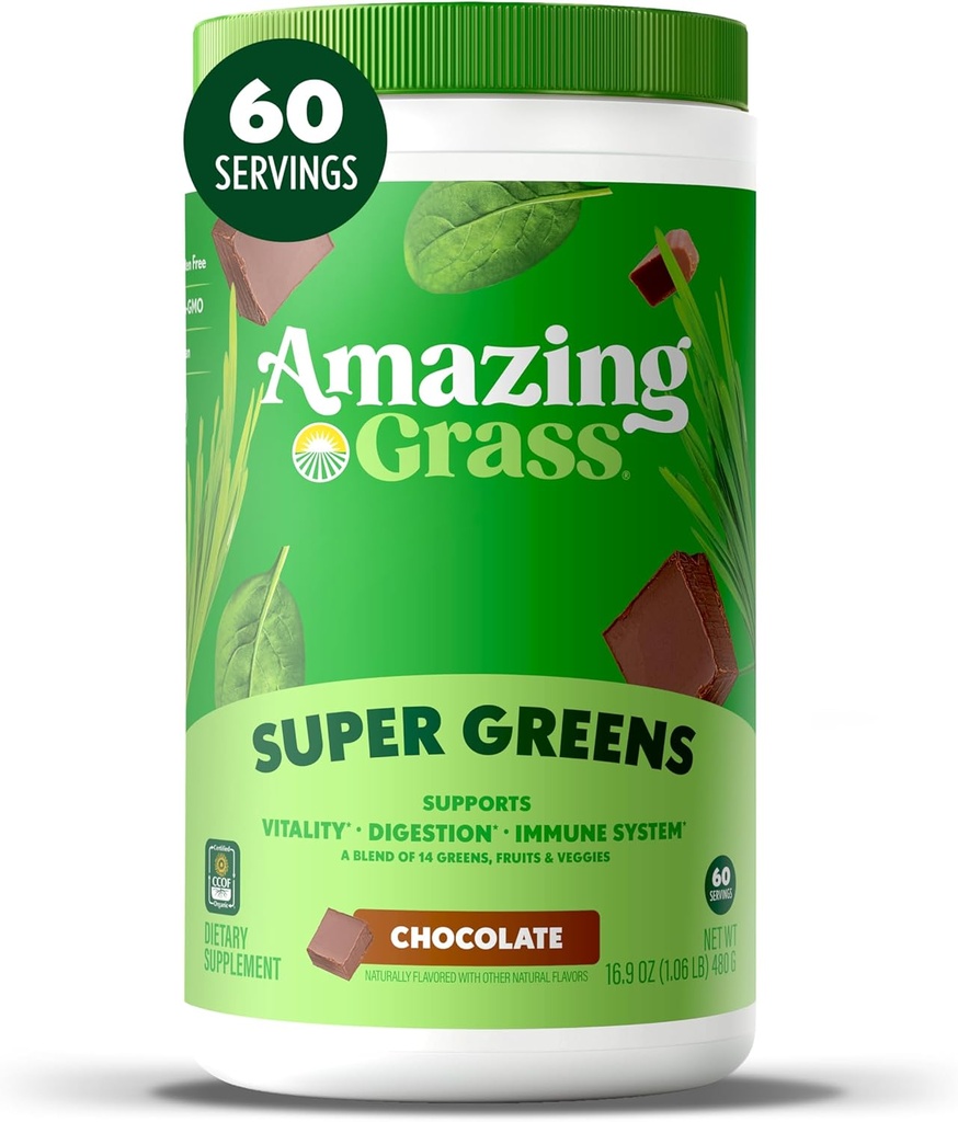 Amazing Grass Green Superfood Powder: Grønne pulver med fordøjelige enzymer & probiotika, Organic Spirulina, Chlorella, og Beet Root Powder, Chokolade, 60 Servere