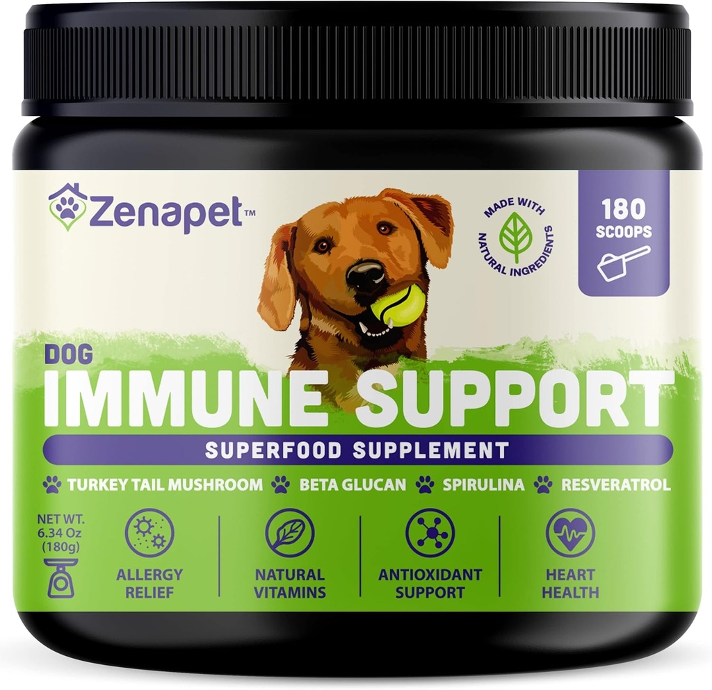 ZENAPET hund immunforsvar Premium Powder Topper, Tyrkiet Hale, Spirulina & Beta- glucan, Understøtter et sundt immunsystem & fordøjelse, Human- Grade, Made in USA