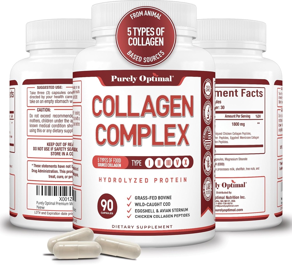 Rent Optimal Premium Multi Collagen Peptider kapsler (type I, II, III, V, X) - hår, hud og negle, fordøjelsesbesvær & fælles sundhed supplement, hydrolyserede collagen piller (90 kapsler)