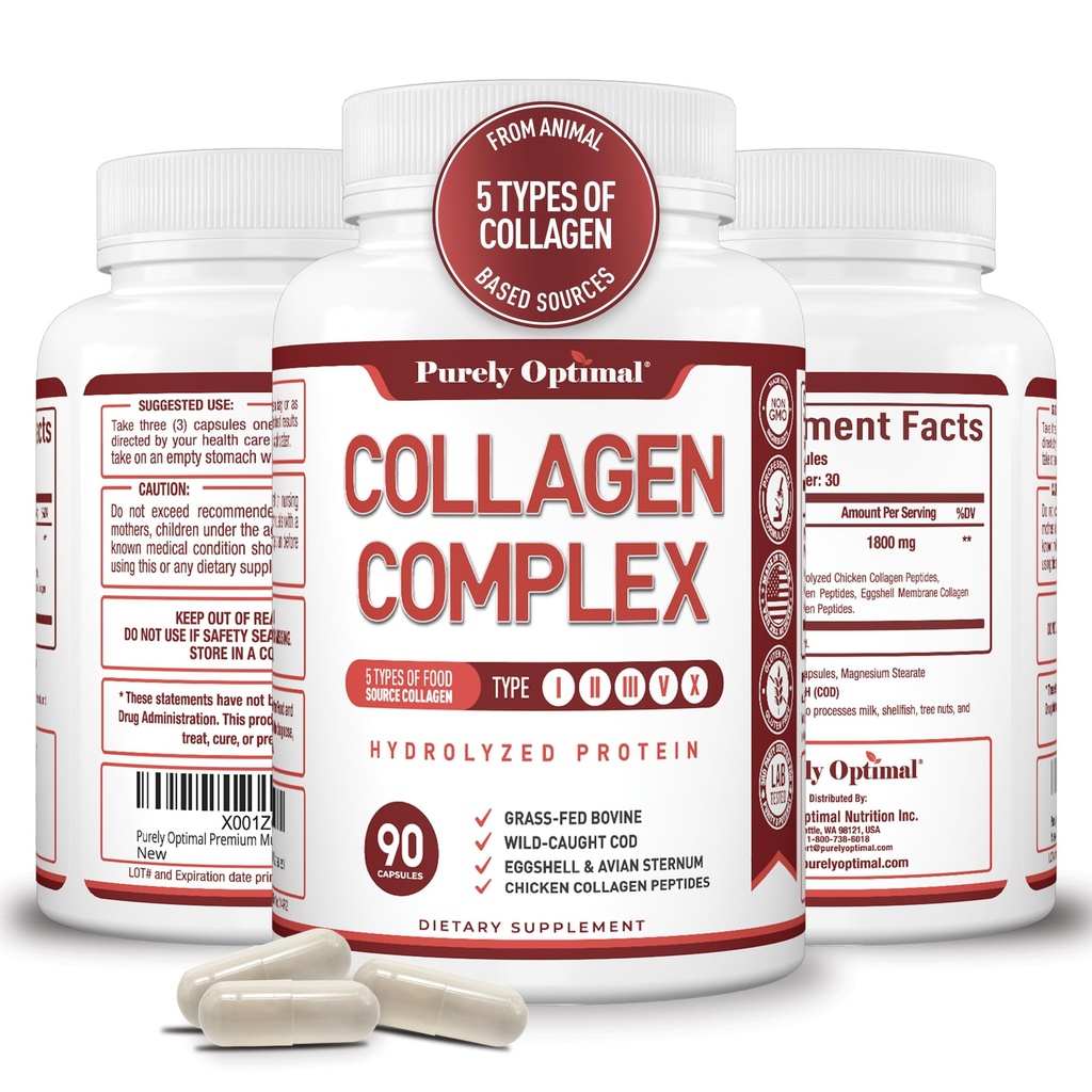 Rent Optimal Premium Multi Collagen Peptider kapsler (type I, II, III, V, X) - hår, hud og negle, fordøjelsesbesvær & fælles sundhed supplement, hydrolyserede collagen piller (90 kapsler)