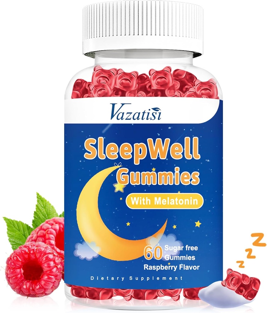 Sovegummi til voksne og børn - Sukker fri Melatonin Gummier med 7, 5 mg Melatonin Per Gummy, Magnesium, L- Theanin, B12-vitamin, Vegetar - Raspberry Flavor