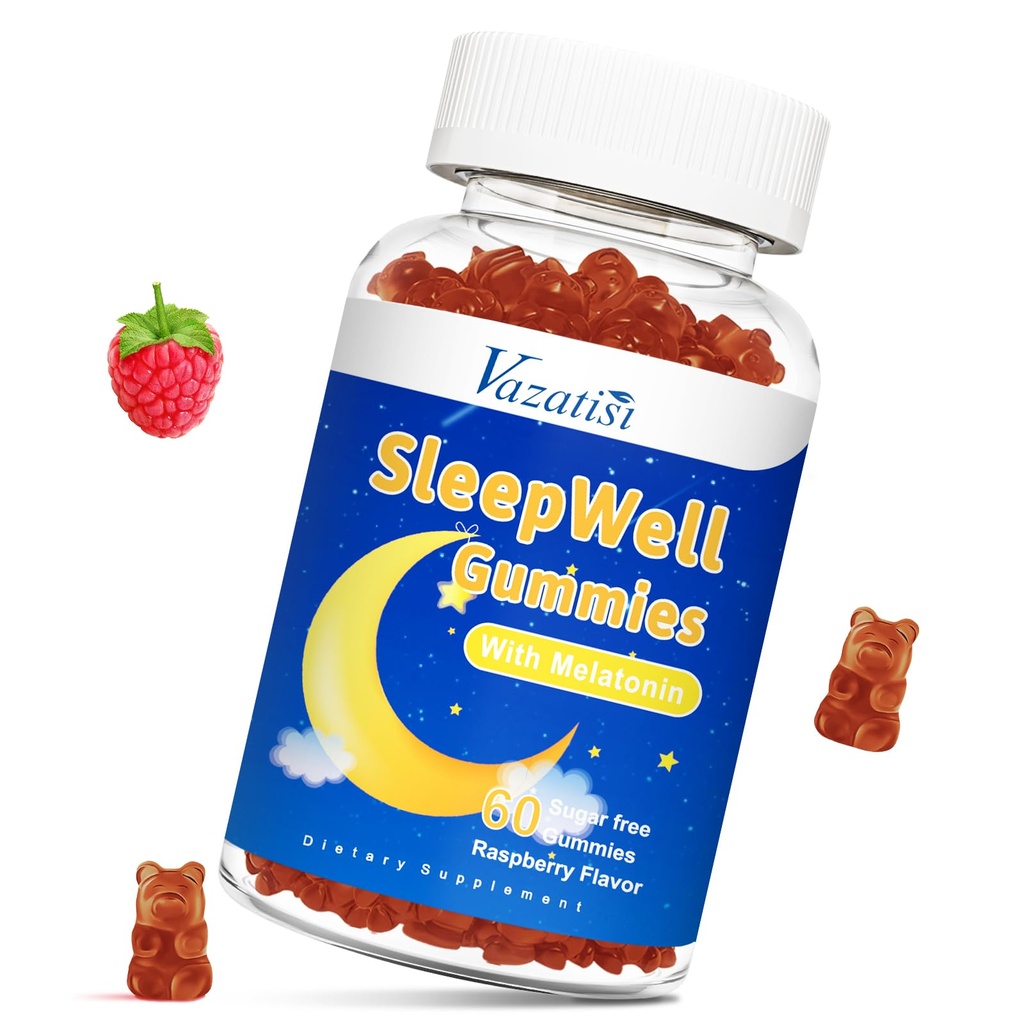 Sovegummi til voksne og børn - Sukker fri Melatonin Gummier med 7, 5 mg Melatonin Per Gummy, Magnesium, L- Theanin, B12-vitamin, Vegetar - Raspberry Flavor