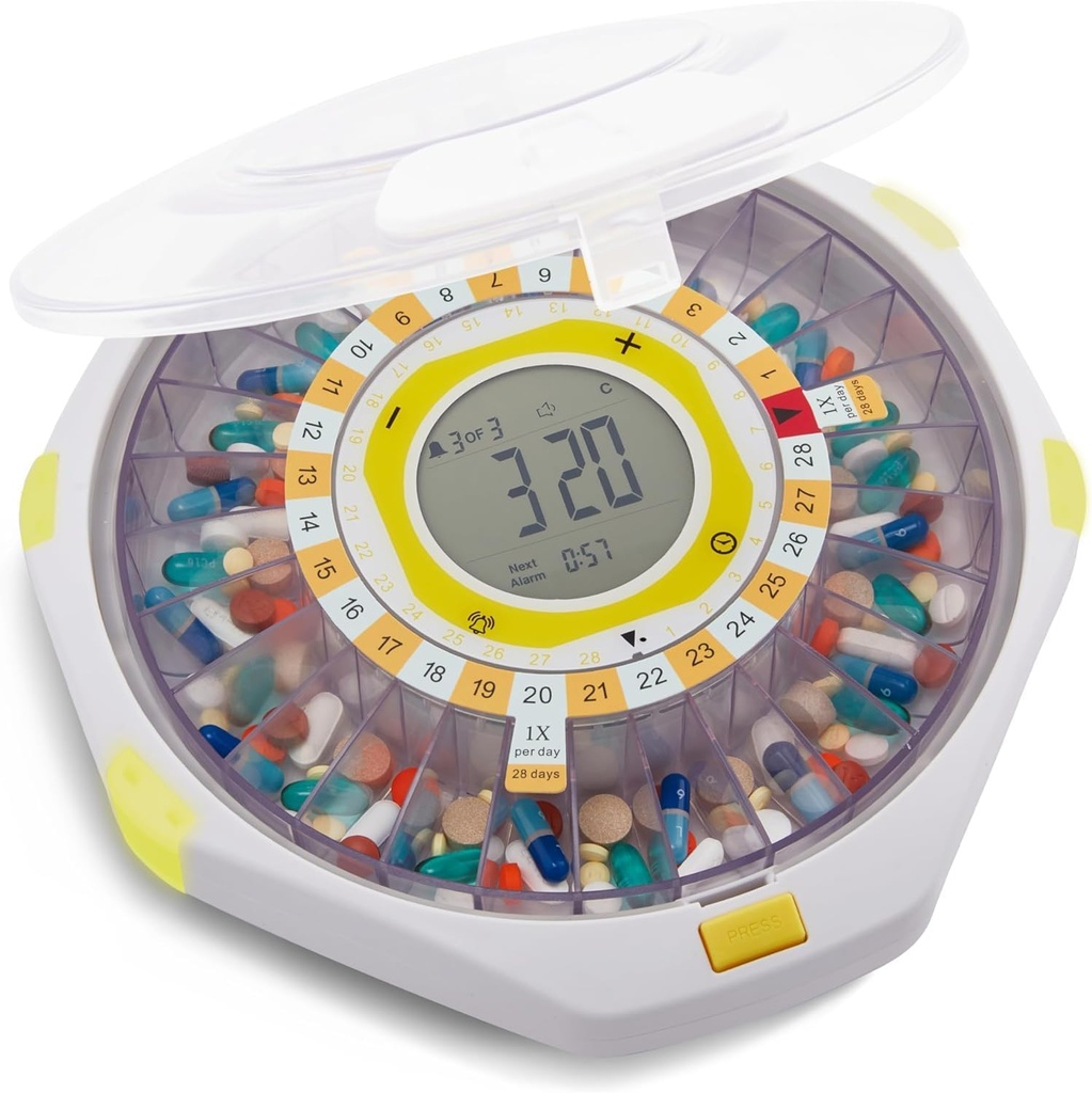 LiveFine Bluetooth Automatic Pill Dispenser, 28-dages kapacitet, Sound & Light Alerts, Key Lock, LCD & Easy setup på LiveFine App til receptioner, Medicin, Vitamin & Kosttilskud - Frosted Lid