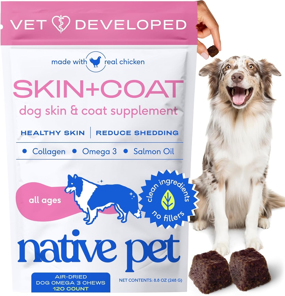Indfødt Pet Omega Skin og Coat Chews for Hunde - Hundehud og Coat Supplement for Sunde, Shiny Fur, Reducere afføring og tørre skeer - Lavet med Omega 3 Fish Oil og Wild- fanget lakseolie - 120 Chews