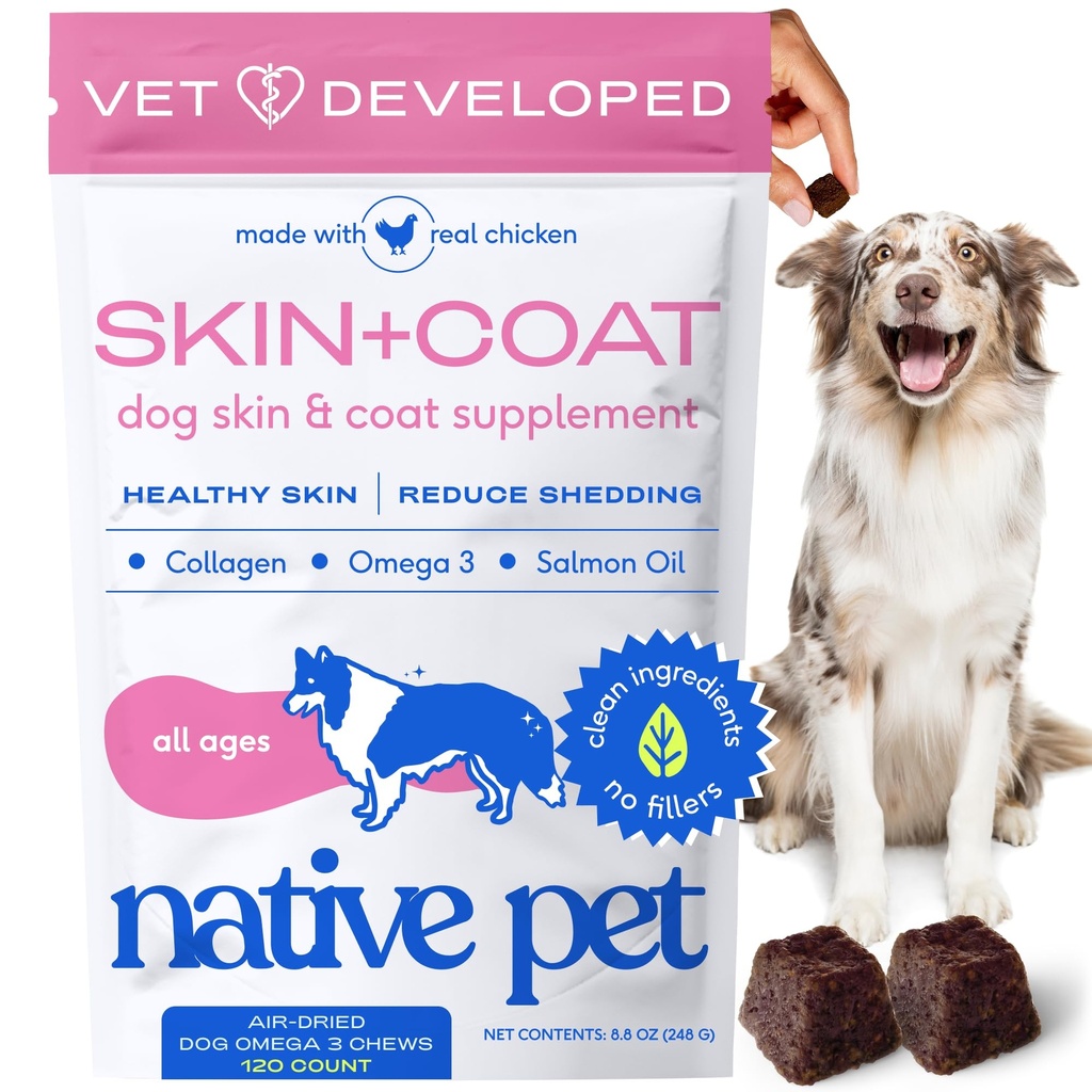 Indfødt Pet Omega Skin og Coat Chews for Hunde - Hundehud og Coat Supplement for Sunde, Shiny Fur, Reducere afføring og tørre skeer - Lavet med Omega 3 Fish Oil og Wild- fanget lakseolie - 120 Chews
