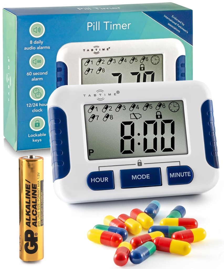 Pill Reminder med 8 alarmer per dag, Pill Tracker, Pill Timer, Medicin Reminder enheder, Medicin Tracker, Essential Parkinsons Patient Gadget