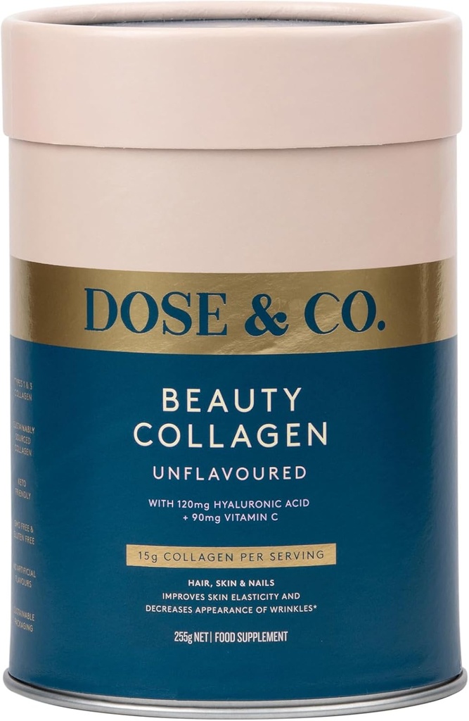 DOSE & CO. Skønhedskollagen med hyaluronsyre og C-vitamin til hår, hud og negle, uden smag - 9oz pulver supplement