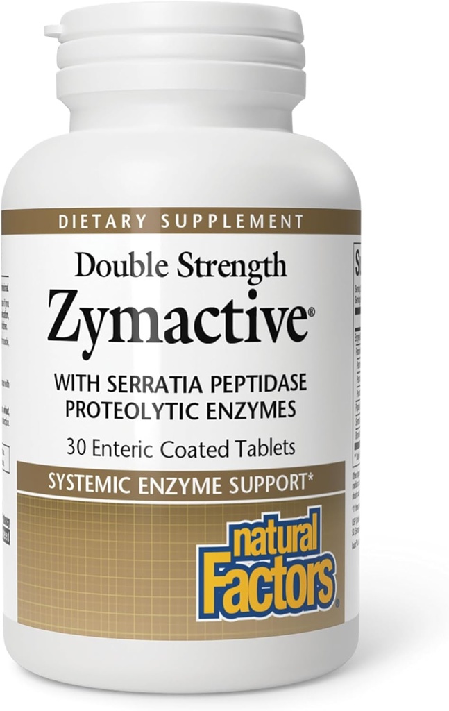 Naturlige faktorer - zymactive Proteolytic Enzyme Double Strength, Understøtter en sund inflammatorisk reaktion på hjælp muskel og fælles funktion, Gluten fri, ikke-GMO, 30 Enteric Coated Tablets