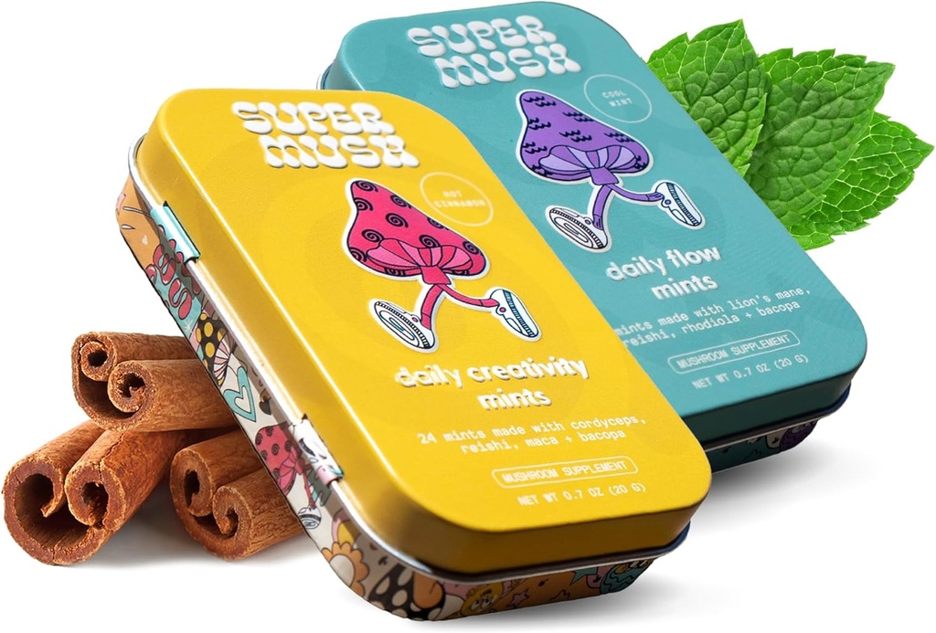 SuperMush Daily Supplementint - 2 Flow & Focus Mints + 2 Kreativitet & Connection Mints - Mushroom Mint Supplements - Lions Mane, Cordyceps, og Reishi blandede svampe