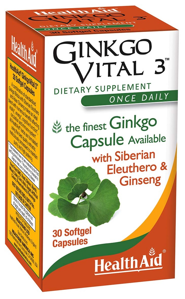 HealthAid Ginkgo Vital 3 - Once- Daily Softgel med Ginkgo Biloba, Sibirian Eleuthero & Koreansk Ginseng Budd124; Understøtter Mental Klarhed & Circulations