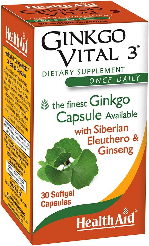 HealthAid Ginkgo Vital 3 - Once- Daily Softgel med Ginkgo Biloba, Sibirian Eleuthero & Koreansk Ginseng Budd124; Understøtter Mental Klarhed & Circulations