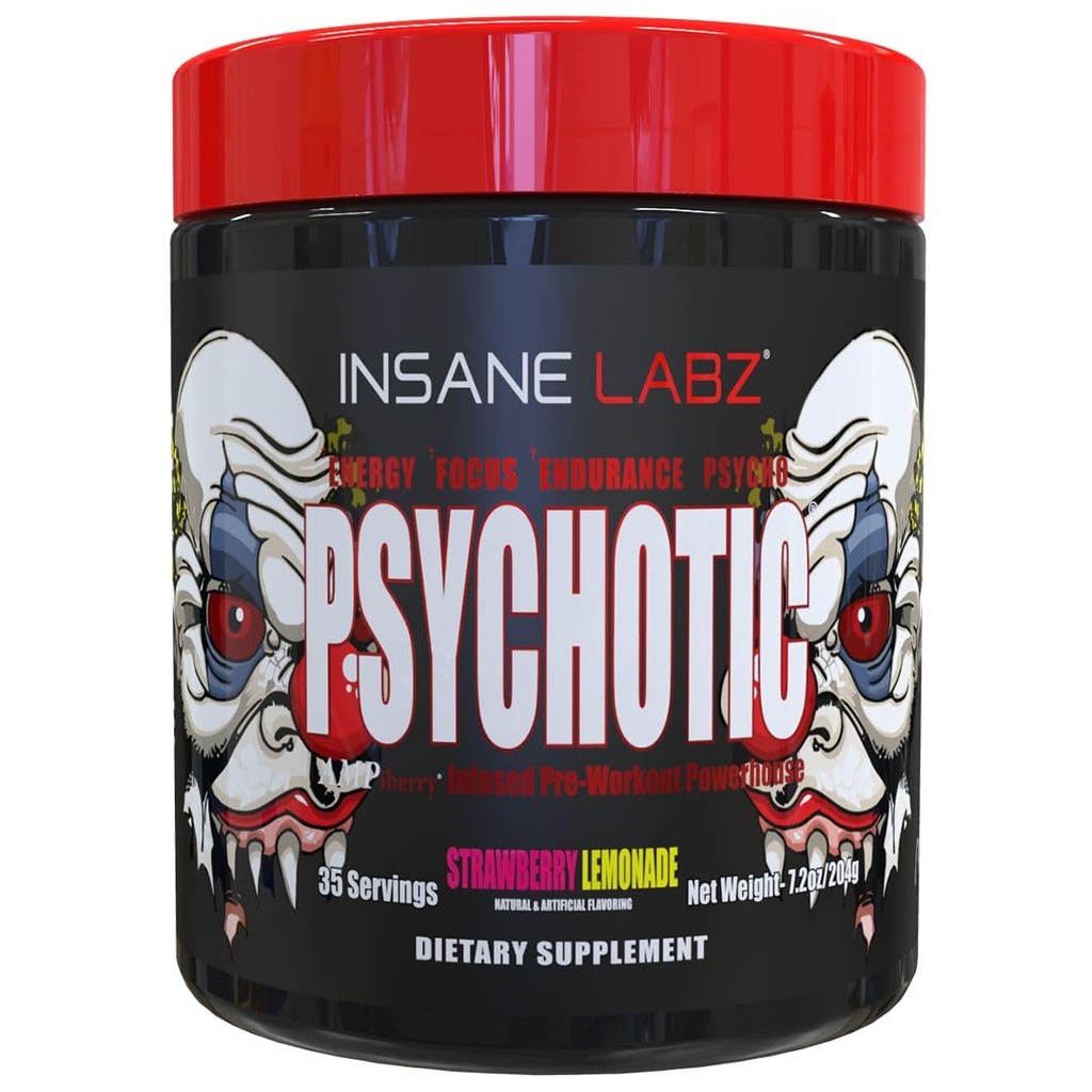 Insane Labz Psykotisk, High Stimulant Pre Workout Powder, ekstrem vedvarende energi, fokus og udholdenhed med Beta Alanine, Creatinine monohydrat, DMAE, 35 Srvgs (Strawberry Lemonade)