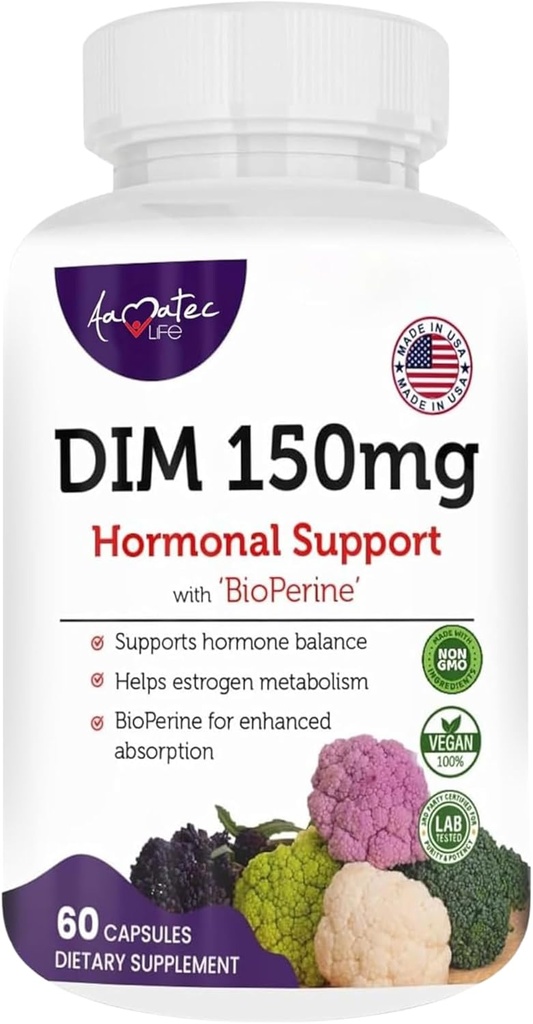 Kvinder DIM Complex 150mg - Bioperine Østrogen Balancing Pills til menopause & Hot Flashs Relief Support Hormonal Acne Kraftigt supplement - 60 kapsler - Made in USA