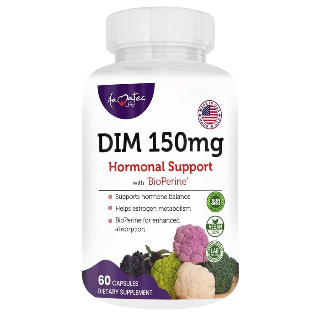 Kvinder DIM Complex 150mg - Bioperine Østrogen Balancing Pills til menopause & Hot Flashs Relief Support Hormonal Acne Kraftigt supplement - 60 kapsler - Made in USA