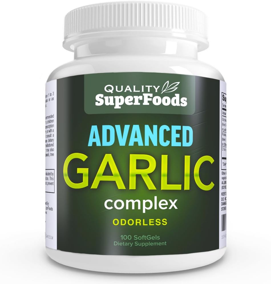 Avanceret hvidløg Complex - Kvalitet SuperFoods (100ct) Maksimum Strength Complex Indeholder en blanding af Odorless Hvidløg (Allium sativum), Persille (petroselinum crispum), og Chlorophyll.