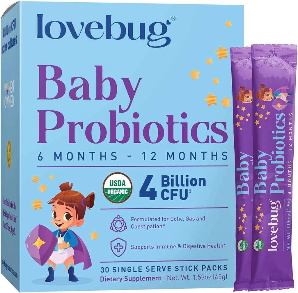 LovEBUG Probiotika til spædbørn - Organic Baby Probiotika 6-12 Måneder for Baby immunforsvar, Gas, Kolik, Diarré & Infant Forstoppelse Relief Sugar- Free, Tastless Powder, 30 Pack