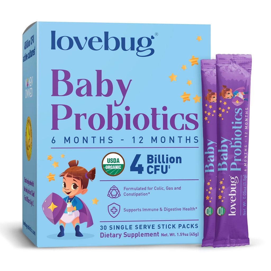 LovEBUG Probiotika til spædbørn - Organic Baby Probiotika 6-12 Måneder for Baby immunforsvar, Gas, Kolik, Diarré & Infant Forstoppelse Relief Sugar- Free, Tastless Powder, 30 Pack
